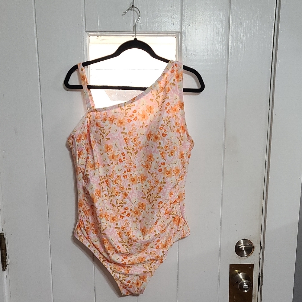 Kona Sol Womens One-Shoulder One Piece Swimsuit Orange Floral Bra Sz 20W EUC